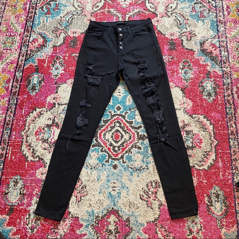 Women’s Flying Monkey Black Destructed Skinny Jeans w/ Button Fly